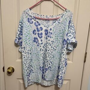SHEIN Blue and Green Patterned Short Sleeve Top